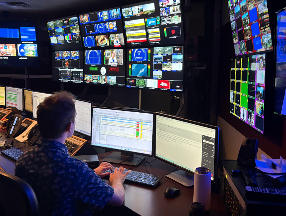 A college student sits in a TV control room